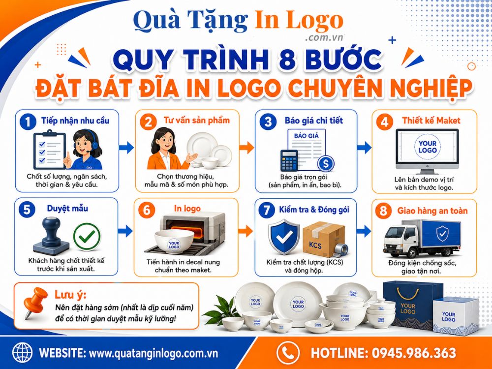 Quy trình 8 bước đặt bát đĩa in logo quà tặng số lượng lớn
