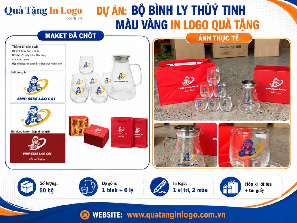 Bộ bình cốc thủy tinh in logo quà tặng