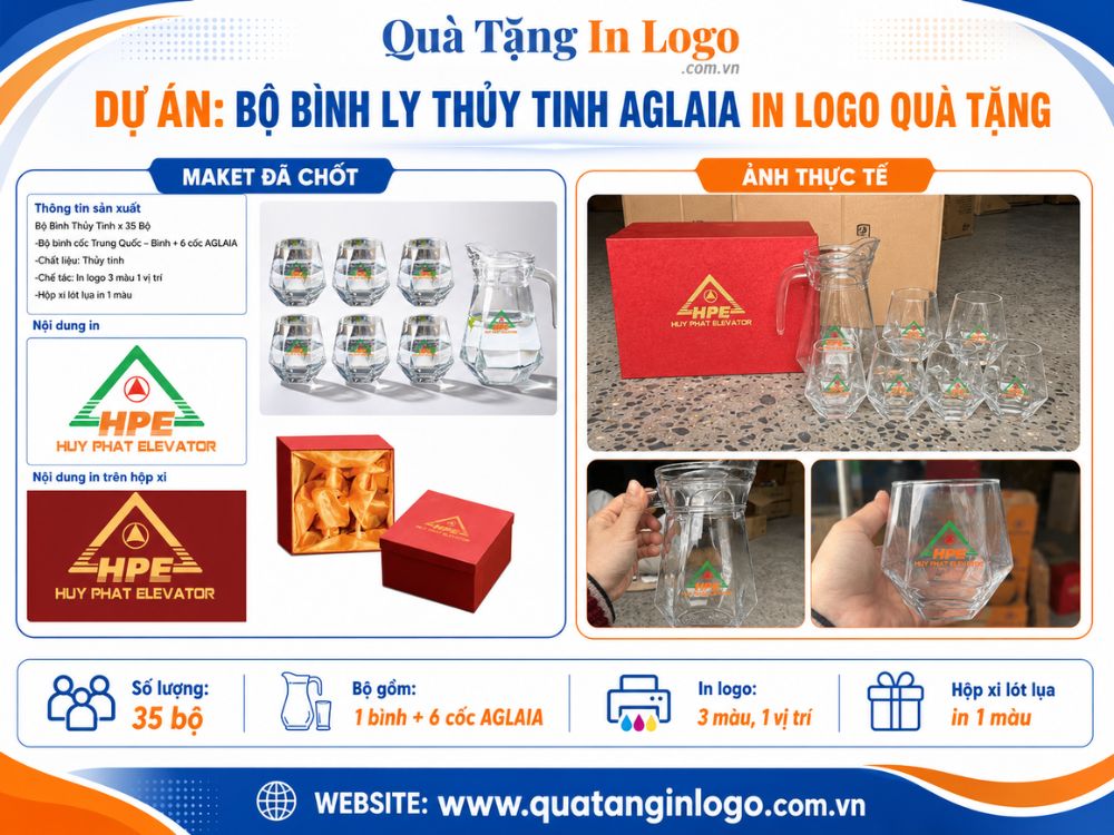 Bộ bình cốc thủy tinh in logo quà tặng