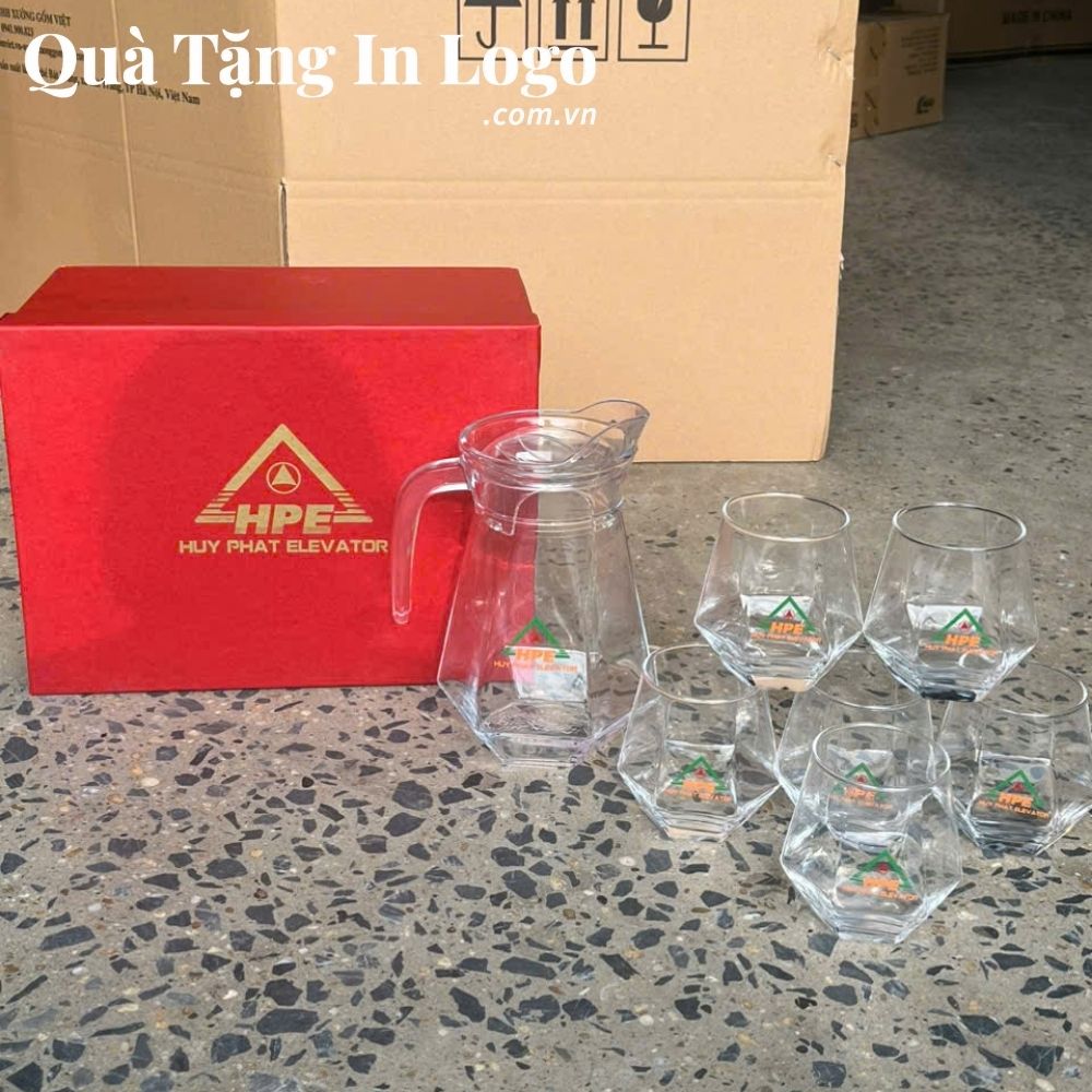 Bộ bình cốc thủy tinh in logo quà tặng