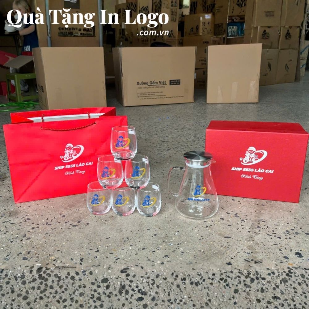 Bộ bình cốc thủy tinh in logo quà tặng