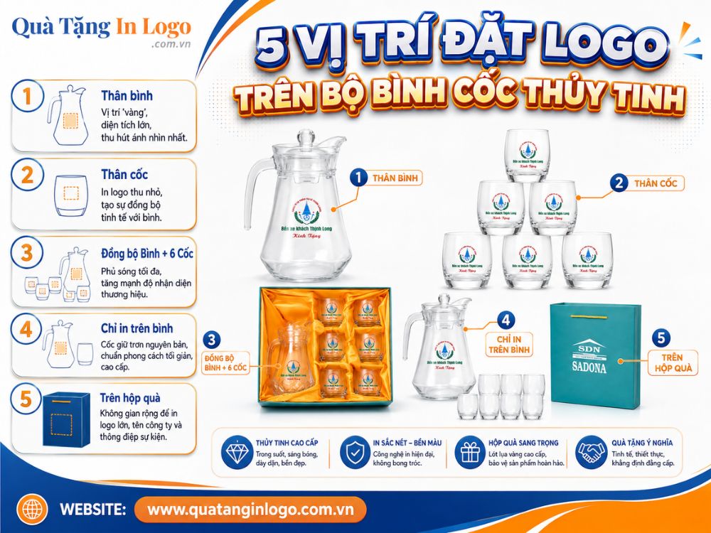 Vị trí in logo thương hiệu trên bộ bình cốc thủy tinh tối ưu
