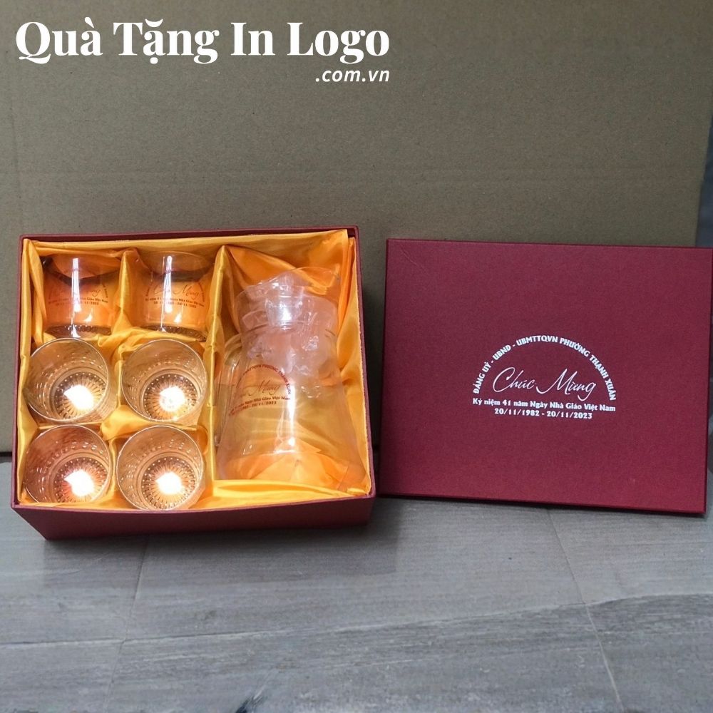 Bộ bình cốc thủy tinh in logo quà tặng