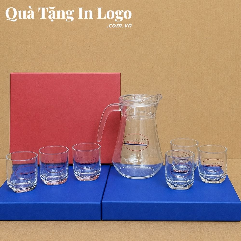 Bộ bình cốc thủy tinh in logo quà tặng