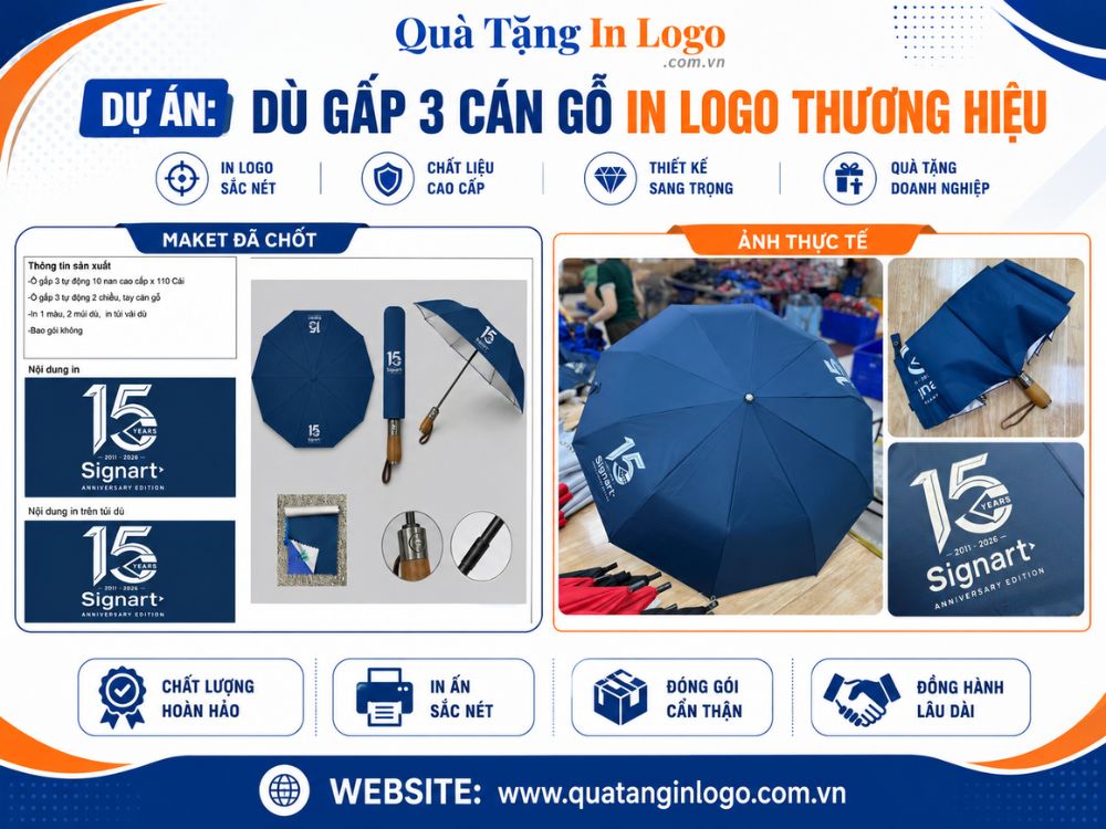Dự án quà tặng ô gấp 3 cán gỗ in logo thương hiệu